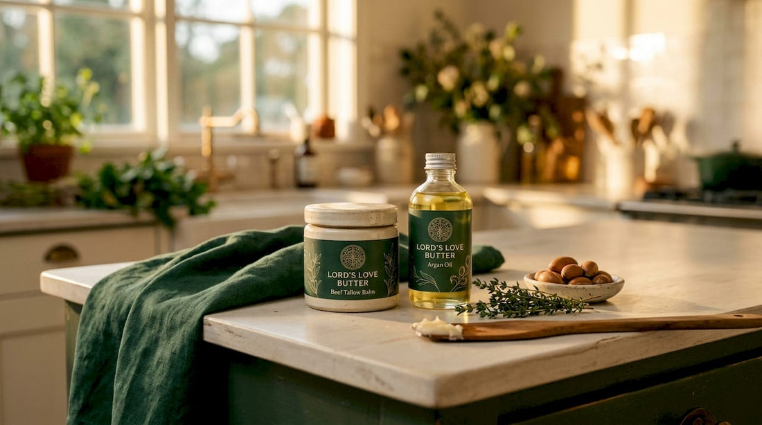 Beef tallow and argan oil skincare products on kitchen counter