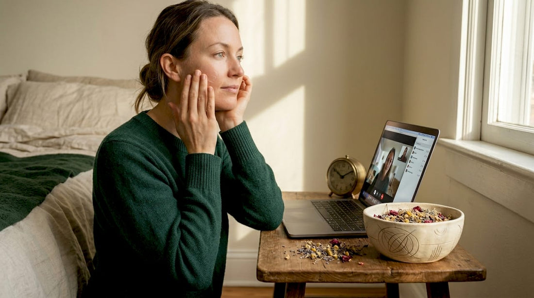 Woman moisturizing skin at home office desk