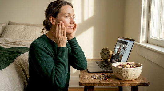 Woman moisturizing skin at home office desk