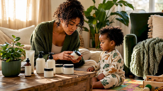 Mother reading kids skincare labels with toddler