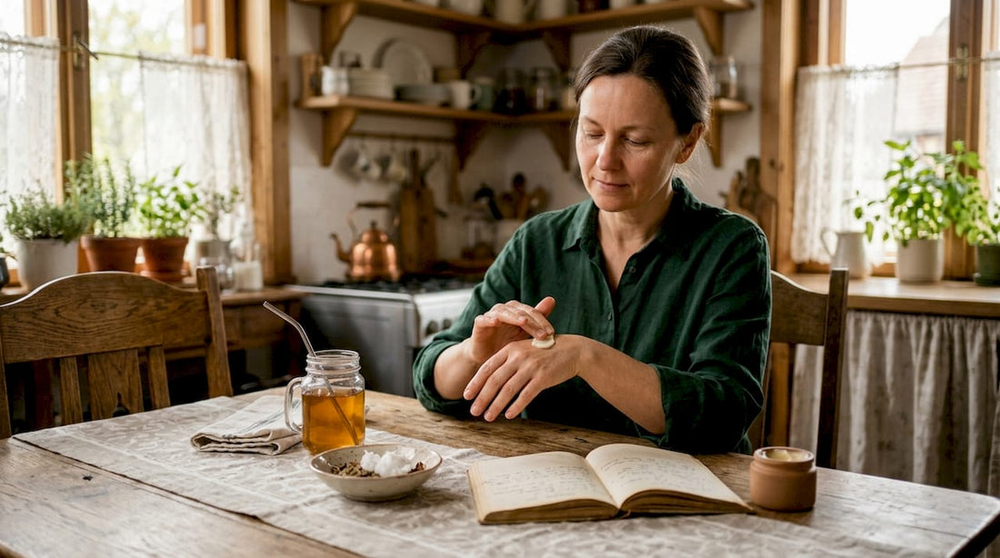 Woman applying natural balm at sunlit kitchen table