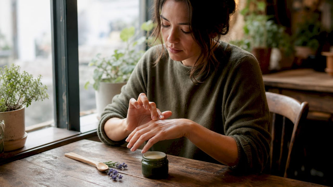 Woman applying natural balm at kitchen table