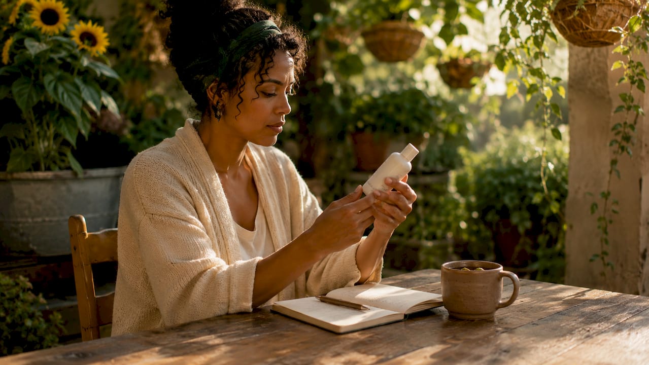 Woman reading skincare ingredients at home table