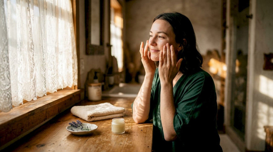 Woman applying moisturizer at home vanity