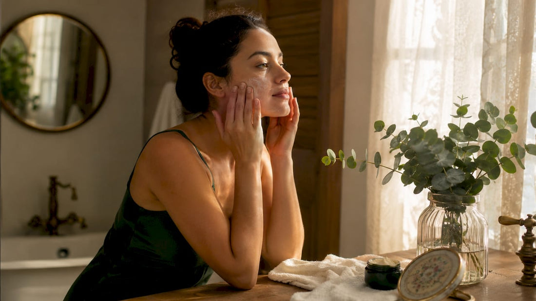 Woman applying moisturizer on face