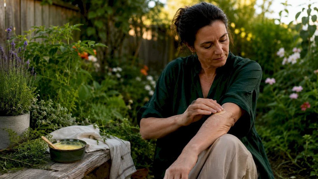 Woman applying grass-fed tallow balm at kitchen table