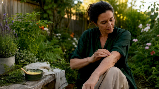 Woman applying grass-fed tallow balm at kitchen table