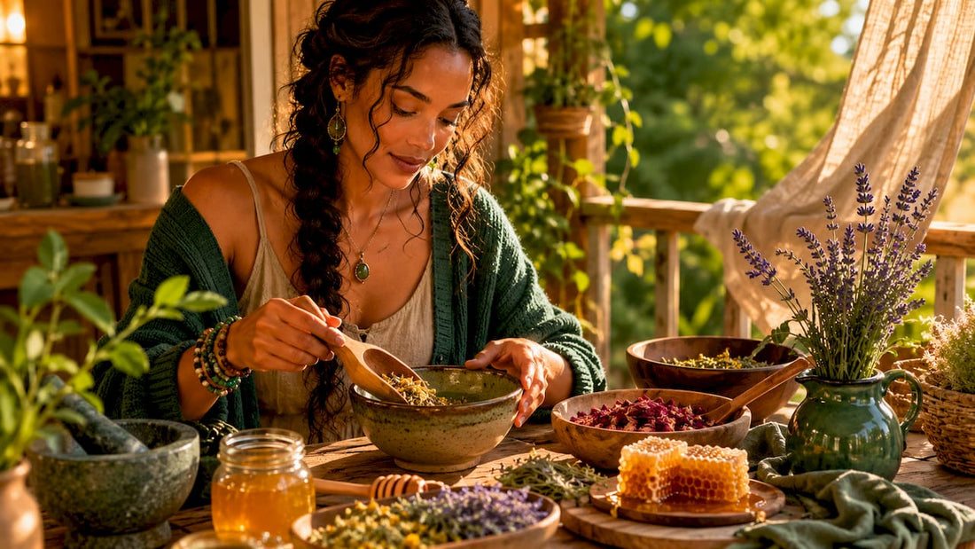 Woman selecting natural skincare ingredients at kitchen table