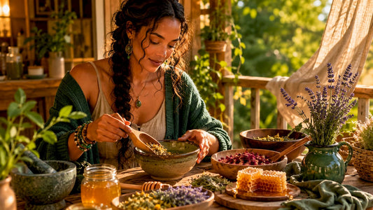 Woman selecting natural skincare ingredients at kitchen table