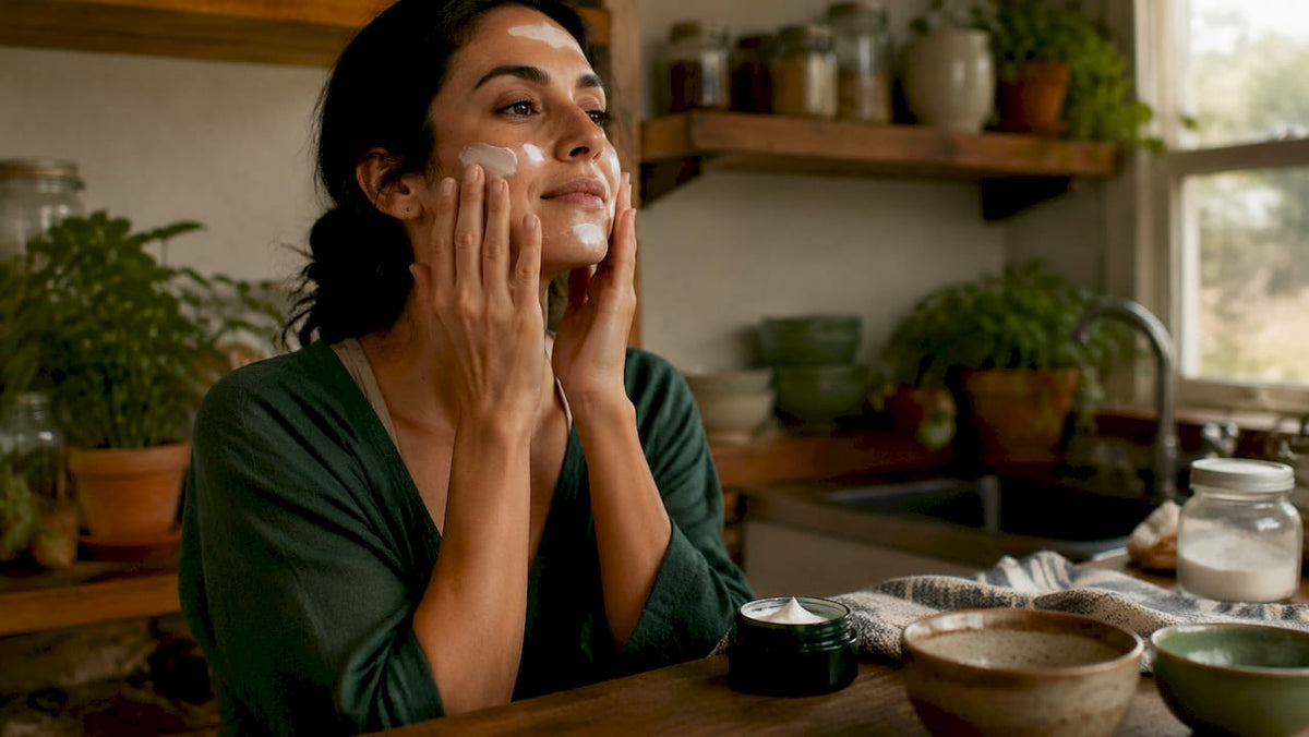 Woman applying whipped tallow moisturizer on face