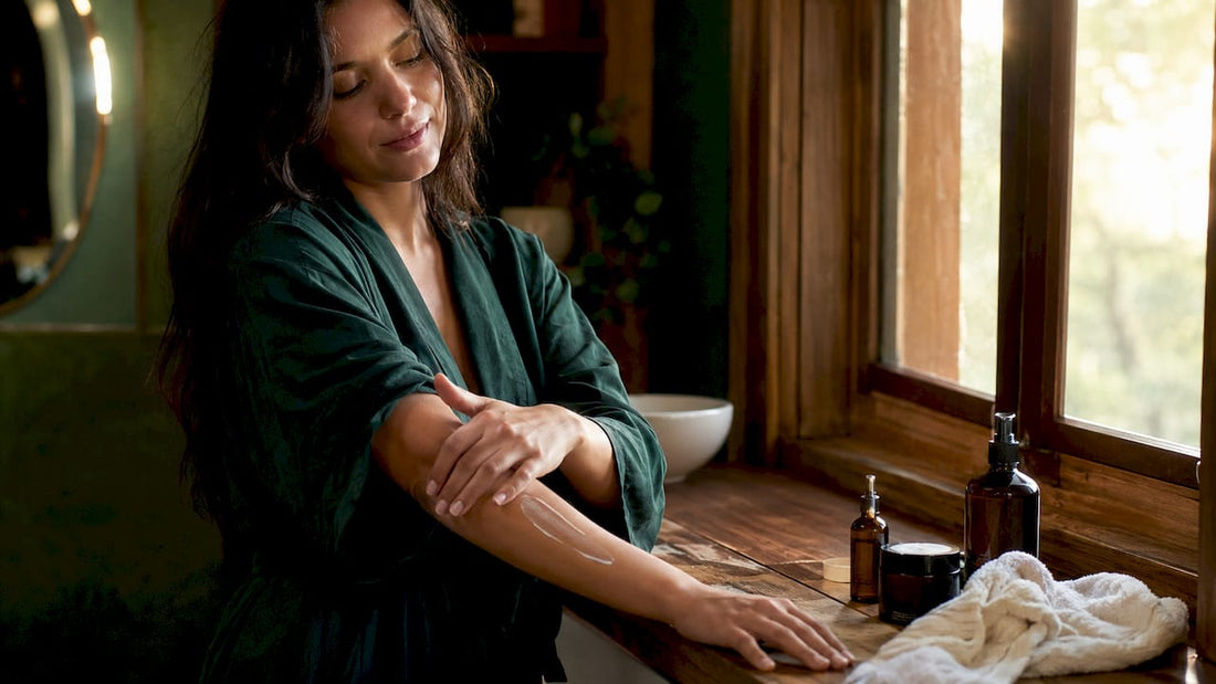 Woman applying whole-body moisturizer in bathroom