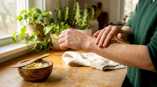 Hands applying beef tallow to dry skin