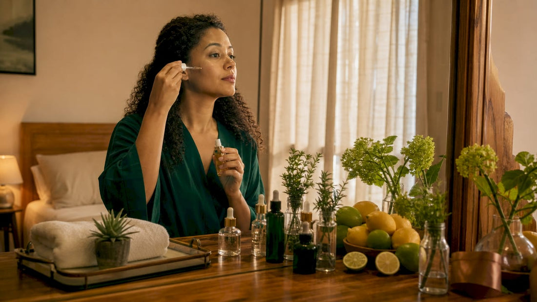 Woman applying vitamin C serum at vanity