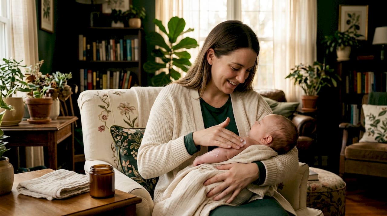 Mother applying lotion on baby’s arm