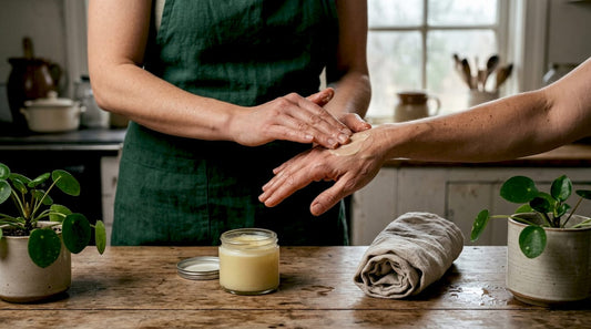 Hands applying tallow balm on skin
