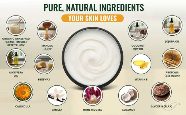 Product with pure natural ingredients on a beige background