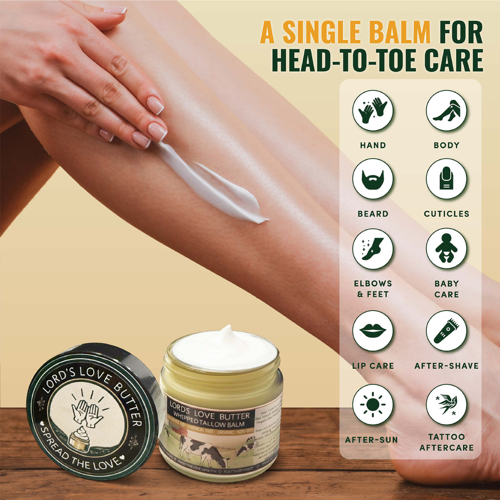 2.4 oz jar of Lord's Love Butter whipped beef tallow balm