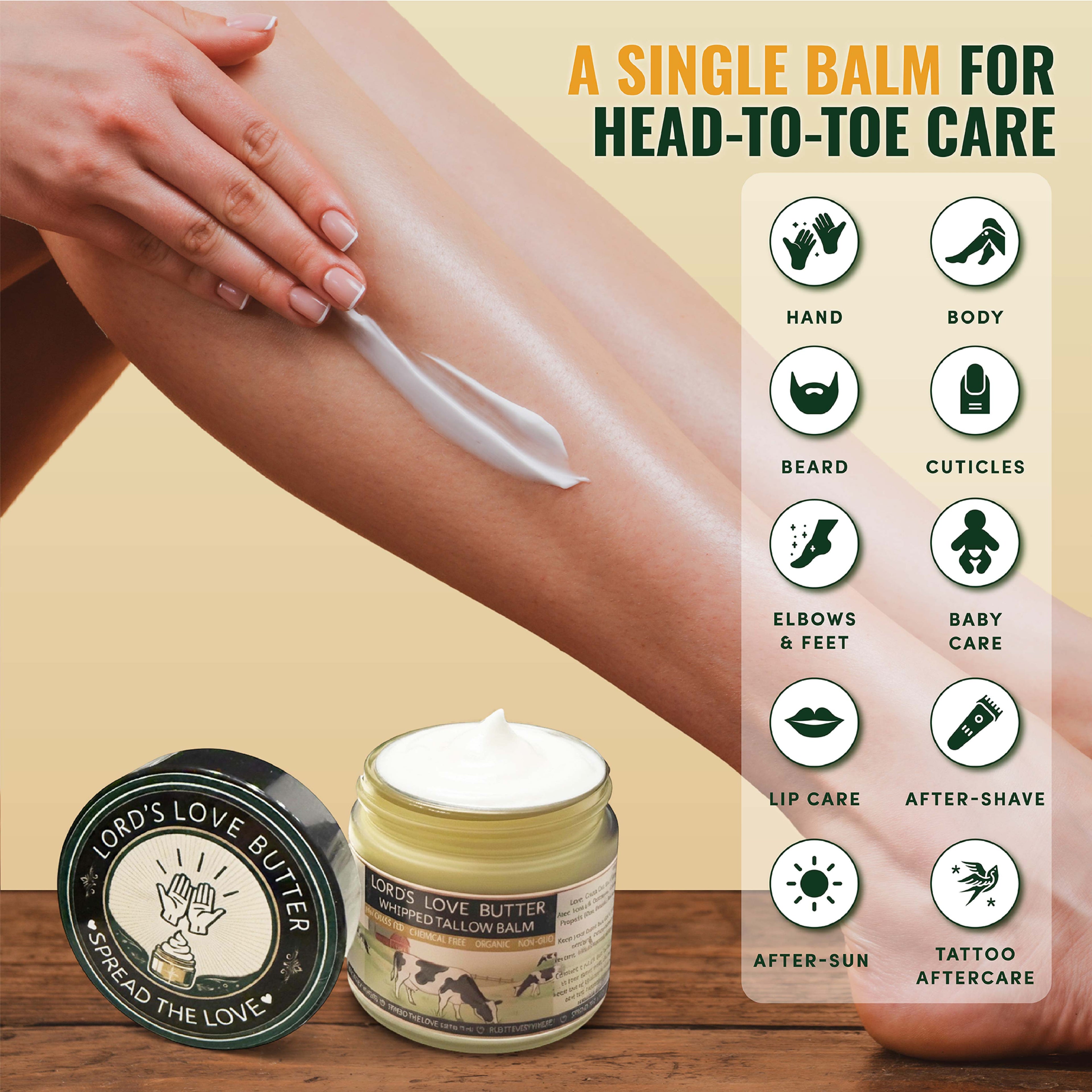 2.4 oz jar of Lord's Love Butter whipped beef tallow balm