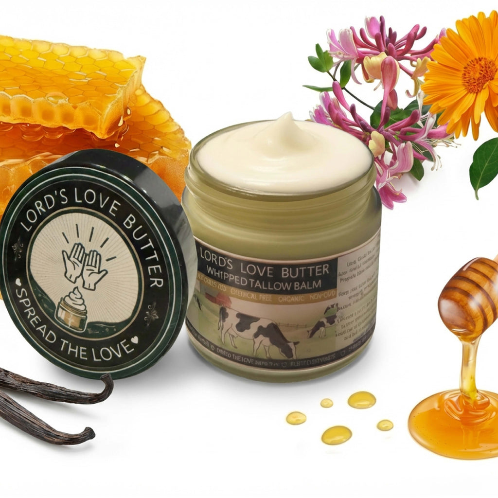 Jar of 'Lord's Love Butter' with honeycomb, flowers, and honey dipper on a white background