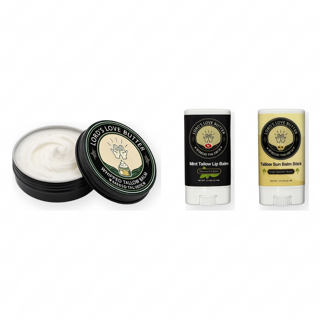 Three Lord's Love Butter products on a white background: an open round tin of whipped tallow balm with the lid beside it, a mint tallow lip balm stick, and a tallow sun balm stick. The packaging is black, white, and cream with a circular logo.