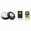 Three Lord's Love Butter products on a white background: an open round tin of whipped tallow balm with the lid beside it, a mint tallow lip balm stick, and a tallow sun balm stick. The packaging is black, white, and cream with a circular logo.