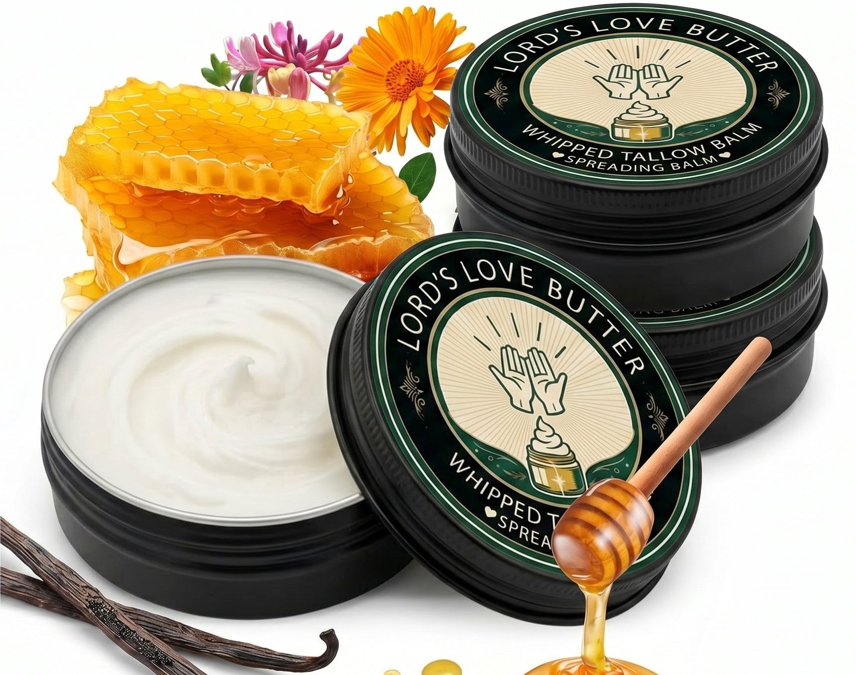 Jars of 'Lord's Love Butter' with honey, flowers, and vanilla beans on a white background