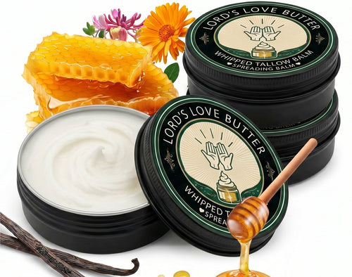 Jars of 'Lord's Love Butter' with honey, flowers, and vanilla beans on a white background